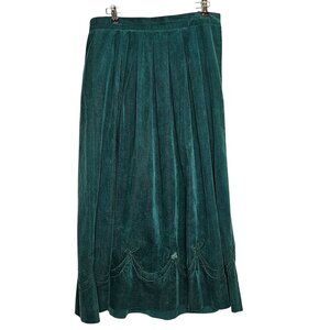Vintage 80s Susan Bristol Green Corduroy Midi Skirt Rosette Hem 8 Holiday